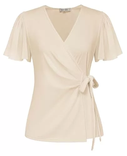 GRACE KARIN Kurzarmblusen GRACE KARIN Damen Wickelbluse Elegant V-Ausschnitt Tunika Fließende Chiffon Kurzarm Oberteile Basic Loose Fit Sommer Freizeit Top