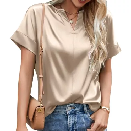 Zofedap Kurzarmblusen Zofedap Satin Bluse Damen Elegant Kurzarm Basic Tunika Einfarbig V-Ausschnitt Oberteile Sommer Tops T Shirt Hemden