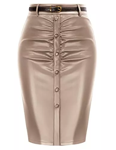 Belle Poque Röcke Belle Poque Damen Vintage-Bleistiftrock Aus Gerafftem Leder Mit Gürtel Und Schlitz Vorne Schmale Passform Midi-Bodycon-Rock