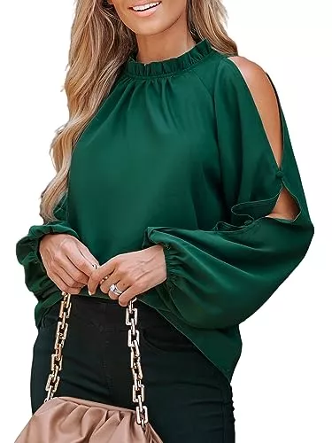 CUPSHE Langarmblusen CUPSHE Damen Blusen Rüschenkragen Schlitz Langarmshirt Oberteile Lässige Tunika Bluse Tops
