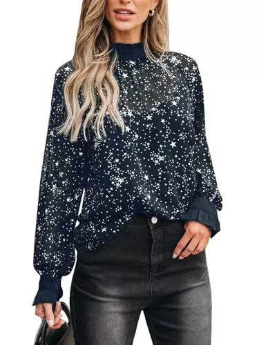 CUPSHE Langarmblusen CUPSHE Damen Blusen Mock Neck Volant Glitzer Sternendruck Langarmshirt Oberteile Elegant Party Tunika Hemd Tops