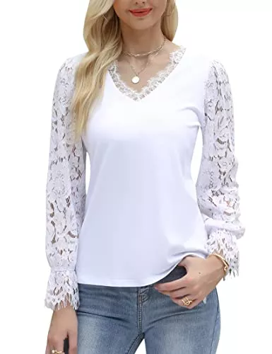 Cyrakt Langarmblusen Cyrakt Damen Bluse Elegant Spitze Oberteile Langarm Baumwolle Tops V Neck Laternenärmel Bluse Sommer Tunika Shirts