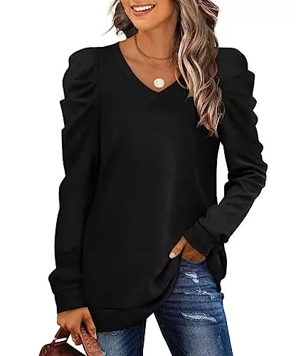 XIEERDUO Pullover & Strickmode XIEERDUO Puffärmel Pullover Damen Herbst Sweatshirt Elegant V Ausschnitt Langarm Shirt