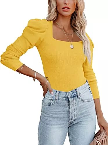 REORIA Langarmshirts REORIA Damen eleganter quadratischer Ausschnitt Puff Langarm gerippter Tanga Bodysuit Tops Jumpsuit