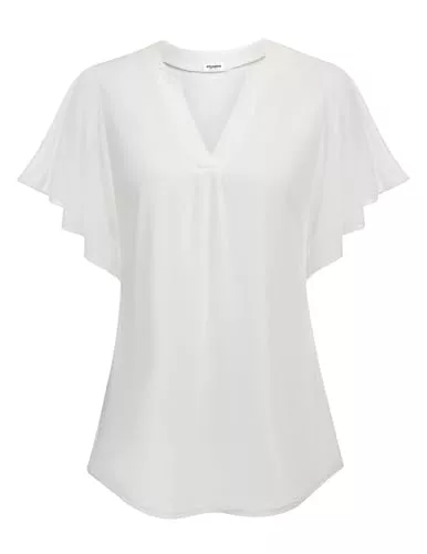 Zeagoo Kurzarmblusen Zeagoo Damen Bluse Elegant Blumen Shirts Batwing Kurzarm Tunika Top V-Ausschnitt Falten Hemd Doppellagige Mesh Oberteile Lässig Locker T-Shirt Sommer S-XXL