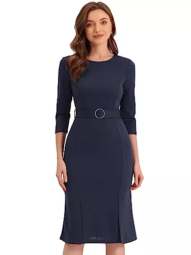Allegra K Business Allegra K Damen Etuikleid Elegantes Rundhalsausschnitt 3/4-Ärmel Büro mit Gürtel Bleistift Kleid