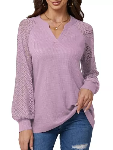 BAISHENGGT Langarmblusen BAISHENGGT Baronin Tunika Damen V Ausschnitt T Shirt Elegante Raglan Spitzenärmel Bluse Shirts Lässige Streetwear Langarm Oberteil Tops