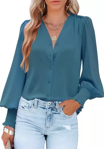 Odosalii Langarmblusen Odosalii Damen Bluse Elegant V-Ausschnitt Knopfleiste Laternenhülse Oberteile Hemd Langarmshirt Longshirts