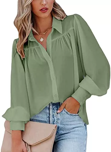 ZIOOER Langarmblusen ZIOOER Damen Elegant Bluse Lässig Einfarbig V-Ausschnitt Tops Oberteile Frauen Hemd Blusen Shirt Tops Loose Fit S-XXL
