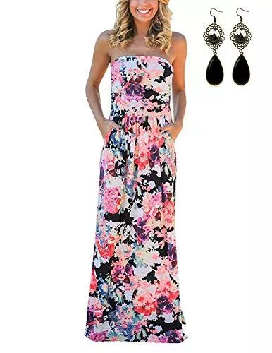 carinacoco Freizeit carinacoco Damen Bandeau Bustier Kleider mit Blüte Drucken Lange Sommerkleid Abendkleid Partykleid Cocktailkleid