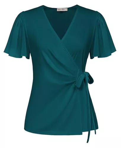 GRACE KARIN Kurzarmblusen GRACE KARIN Damen Wickelbluse Elegant V-Ausschnitt Tunika Fließende Chiffon Kurzarm Oberteile Basic Loose Fit Sommer Freizeit Top