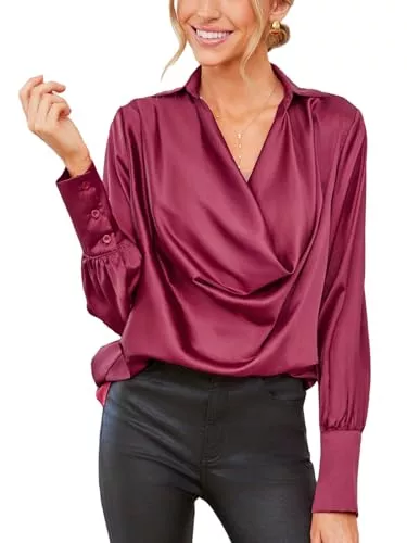 CUPSHE Langarmblusen CUPSHE Damen Blusen Wasserfallkragen Satinoptik Elegant Raffung Langarmshirt Oberteile Tunika Hemdbluse Tops