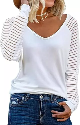 Hanaoops Langarmblusen Hanaoops Damen Langarm Oberteil Ladies Comfy Gestreiftes Weiches Tunika T Shirt Solide Farbe Elegant V Ausschnitt Essentials Blusen Top