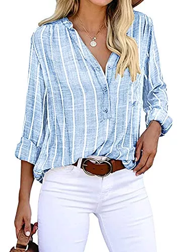 Cindeyar Langarmblusen Cindeyar Bluse Damen Langarm Streifen Oberteile Casual Langarmshirt Tops Lose Baumwolle Tunika Hemd
