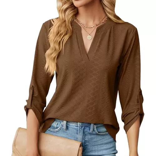 Heersan Langarmblusen Damen V-Ausschnitt 3/4 Ärmel Bluse Causal Lässige Elegant Fahion Jacquardgewebe Oberteile Oberteil Tops Langarmshirt Shirts Tunika Hemd Bluse