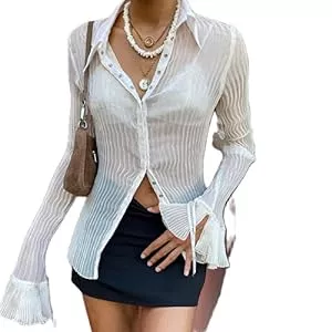 KMBANGI Langarmblusen Damen Y2K Button Down Shirt Blusen Solid Flare Sleeve Crop Top Vintage E-Girl Streetwear