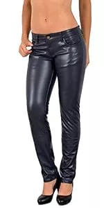 ESRA Jeans ESRA Damen Lederhose Damen Hose tiefer Bund in Leder Optik Straight-Fit Hüfthose für Frauen H12