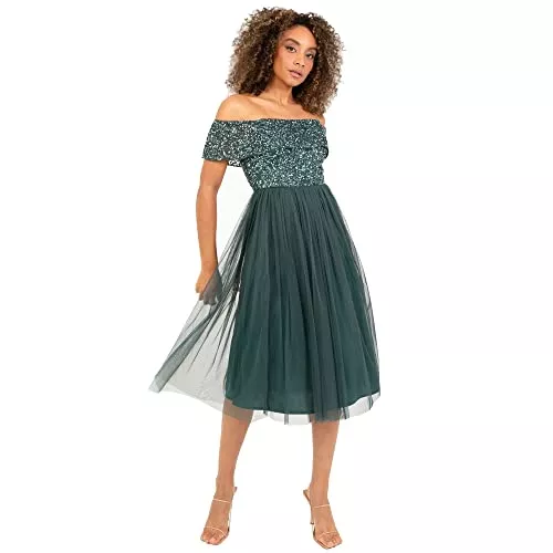 Maya Deluxe Abendkleider Maya Deluxe Abendkleid mit Pailletten - Cocktailkleid Damen mit V-Ausschnitt - Tüllkleid Damen mit Kurzen Ärmeln