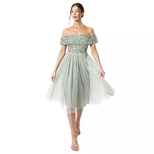 Maya Deluxe Abendkleider Maya Deluxe Abendkleid mit Pailletten - Cocktailkleid Damen mit V-Ausschnitt - Tüllkleid Damen mit Kurzen Ärmeln