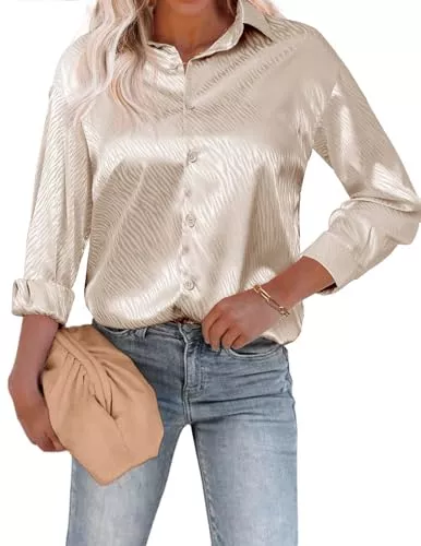 Beyove Langarmblusen Beyove Damen Bluse Satin Seide V-Ausschnitt Hemden Elegant Langarm Business Oberteile mit Knöpfen Tops Lose Langarmshirt
