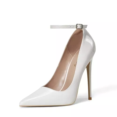 Zhabtuc High Heels Zhabtuc Damen-Pumps mit Knöchelriemen-Schnalle,Sexy Spitze Zehenpartie,Stiletto 12CM,Schwarz/Weiß/Silber,Verstellbare Schuhe mit Hohem Absatz,EU36-42