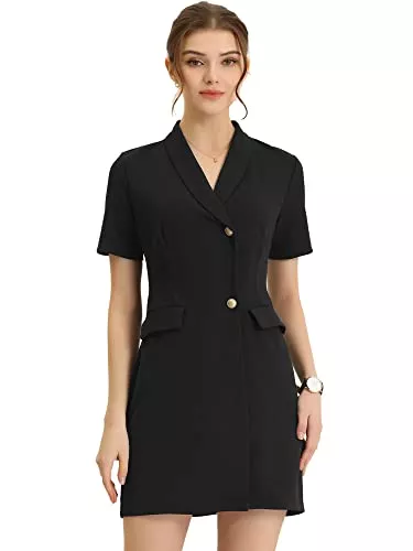 Allegra K Business Allegra K Damen Kleid Kurzarm V-Ausschnitt Casual Business Einreiher Elegant Minikleid