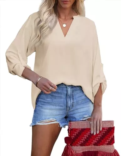 Zeagoo Langarmblusen Zeagoo Damen Henley Ausschnitt Bluse Langarm Hemdbluse Elegant Causal 3/4 Ärmel Hemd Fashion Business Shirts Lockere Passform