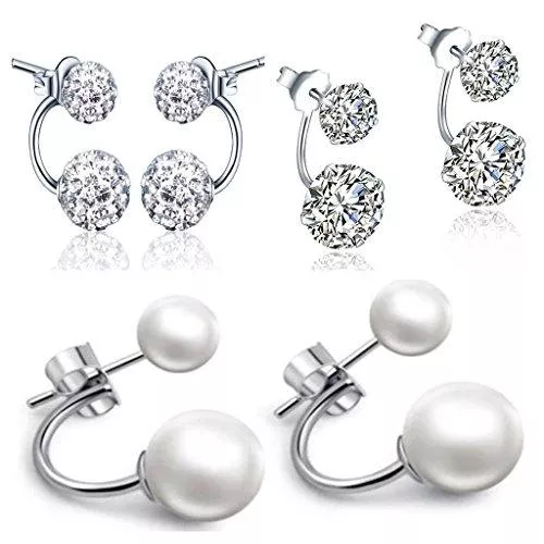 Yumilok Schmuck Yumilok 925 Sterling Silber Zirkonia Kristall Perlen Doppel Kugeln Ohrhänger Ohrstecker Ohrring Jackets Hypoallergen Ohrschmuck für Damen Frauen Mädchen, 3 Paare