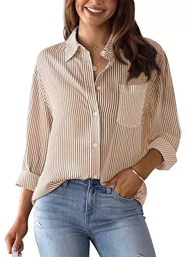 Panegy Langarmblusen Panegy Damen gestreifte Oberteile Langarm Elegante V-Ausschnitt Bluse Hemden Button Down Hemden Stilvolle Tunika Shirt Büro Arbeit Blusen Baumwolle Casual Basic Shirt