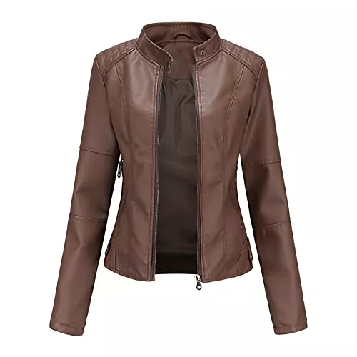 WSLCN Jacken WSLCN Damen Lederjacke PU-leder Kurze Schmale Stehkragen Jacken Einfach Mantel
