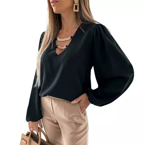 Bcenoilua Langarmblusen Bluse Damen V Ausschnitt Kette Laternenärmel Oberteile Locker Elegante Sexy Solid Mode Langarmshirt Top