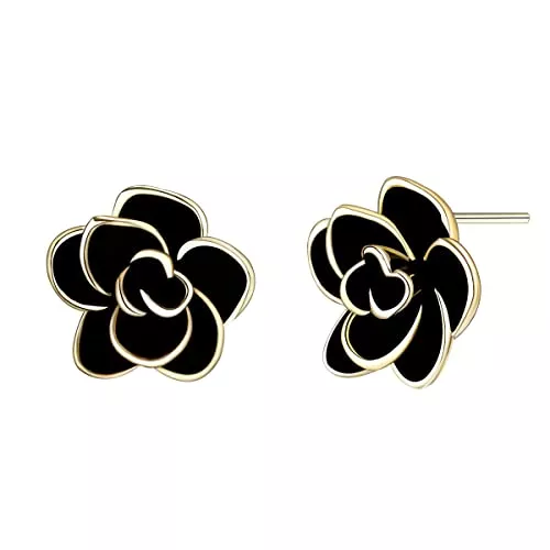 LEMITA Schmuck Damen Broschen Pins Französisch Retro Schwarz Tropfen Öl Kamelie Ohrstecker S925 Silber Ohrstecker Blumenohrringe Ohrringe