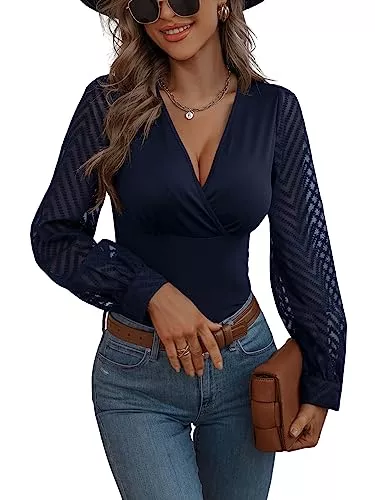 GORGLITTER Langarmblusen GORGLITTER Langarmshirt Mit V Ausschnitt Damen Mesh Oberteil Langarm Wickeltop Elegant Netzstoff Shirt