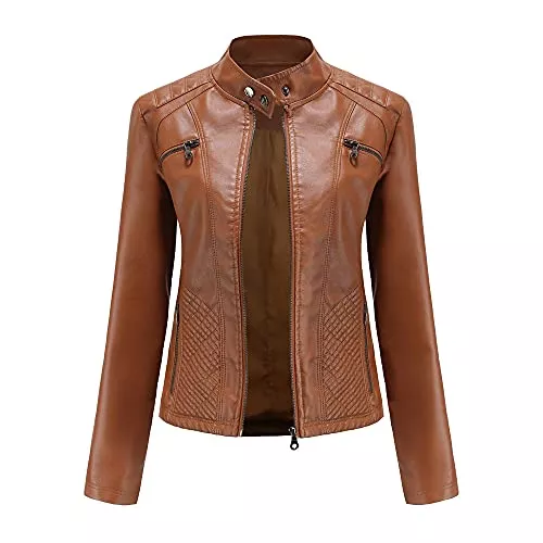 DISSA Jacken DISSA Damen Lederjacke Schlank Kurz Kunstleder Stehkragen Jacket Reißverschluss Motorrad Jacke für Frühling und Herbst,C03N