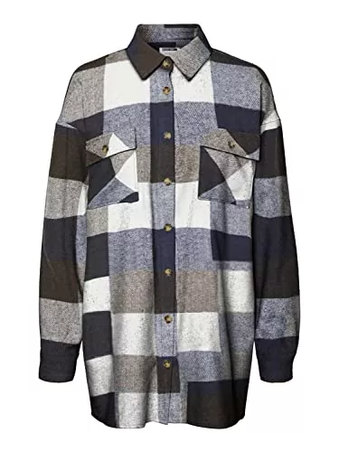 Noisy may Langarmblusen Noisy may Damen Longshirt Hemd NMFLANNY L/S Long Shacket - Slim Fit XS S M L XL, Größe:L, Farbe:Pinecone Eggnog + Navy Blazer 27012531