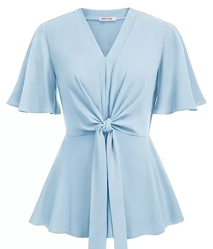 GRACE KARIN Kurzarmblusen GRACE KARIN Damen Elegant Tops Kurze Glockenärmel V-Ausschnitt Oberteile A-Linie Elastische Taille Casual Shirts Rüschen Bluse