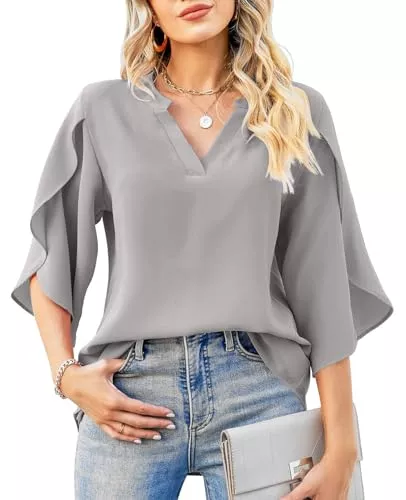 BAISHENGGT Langarmblusen BAISHENGGT Prinzessin Anna Blusen Tuniken für Damen Sommer Chiffon Tops 3/4-Arm V-Ausschnitt Shirt Streetwear Bluseshirt Oberteile
