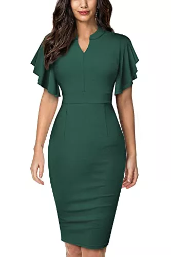 HOMEYEE Business HOMEYEE Damen Elegant V-Ausschnitt mit Rüschen Sleeve Stretch Party Kleid B572