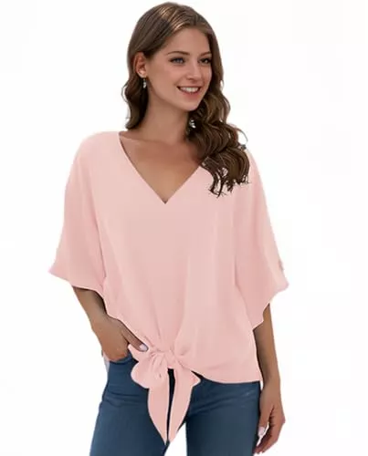 Anelune Langarmblusen Anelune Damen Chiffon Blusen mit V-Ausschnitt und Bindung vorne Fledermausärmel Kurzarm Sommerliche Oberteile und Hemden