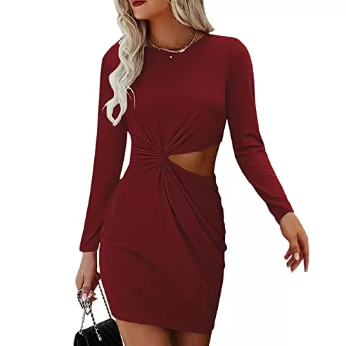 Cocoarm Freizeit Damen Sexy Bodycon Kurzes Kleid Rundhals Langarm Hüftkleid Aushöhlen Taille Einfarbig Freizeitkleid Minikleid Wickelkleid Businesskleid Partykleid Cocktailkleid