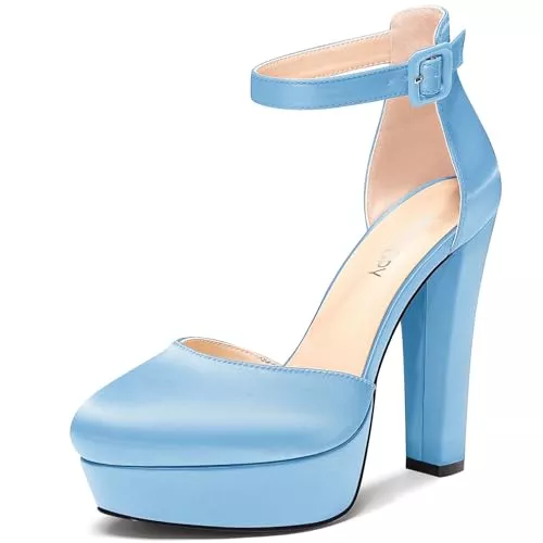 MAGIOPY High Heels MAGIOPY Damen Hoher High Blockabsatz Plateau Plattform Absatz Heel Runde Zehenkappe Knöchelriemen Two-Piece Pumps Schnalle Satin Schuhe 13 cm Heels