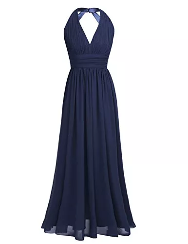 iEFiEL Abendkleider iEFiEL Damen Elegant festliches Kleid Abendkleid V-Ausschnitt Brautjungfer Cocktailkleid Chiffon Faltenrock Langes Abendkleider Marineblau 38-40