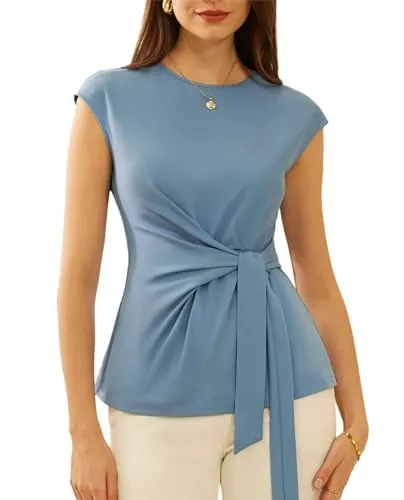 GRACE KARIN Ärmellose Blusen GRACE KARIN Damen Bluse Slim Fit Tunika Elegant Flügelärmel Wickelbluse Rundhalsausschnitt Oberteile mit Tailleband Casual Top für Kleid