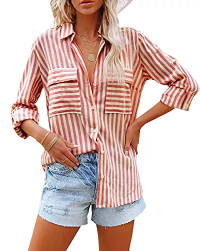 Zitiki Hemdblusen Zitiki Damen Bluse Elegant Streifenbluse V-Ausschnitt Lässig Hemd Langarm Stilvoll Shirt Büro Arbeit Tops mit Tasche