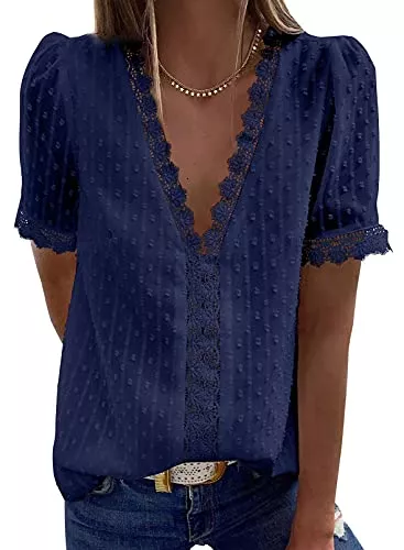 Dokotoo Kurzarmblusen Dokotoo Damen Bluse Boho Spitze T-Shirt Tops Elegant Frühling Sommer V-Ausschnitt Oberteile Tunika S-XXL