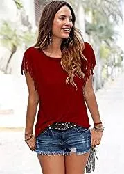 TOUY Kurzarmblusen FRANDED T-Shirt FRANKED T-Shirt Lässige Massivfarbe Kurzarm Oansatz Unterhemd Top Frauen T-Shirt-rot_L