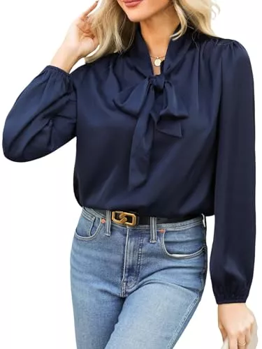 CUPSHE Langarmblusen CUPSHE Damen Bluse Stehkragen mit Schleife Langarm Elegant Satin Schluppenshirt Oberteile Büroblusen Hemdbluse Tops