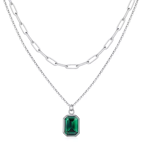 TINGN Schmuck TINGN Geschichtet Geburtsstein Kette Damen, Gold Silber Büroklammer Choker Kette Geburtsstein Kette mit Rechteck Anhänger Geburtstagsgeschenk für Frauen Mädchen Weihnachten Valentinstag Muttertags