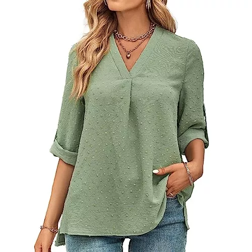 Tanmolo Langarmblusen Bluse Damen 3/4 Ärmel mit V-Ausschnitt Elegant Oberteile Casual Swiss Dot Tops Tunika