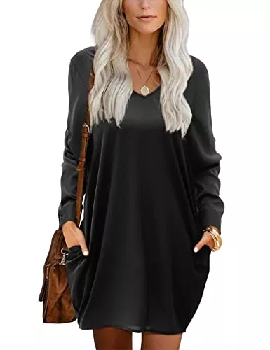 Beluring Freizeit Beluring Damen Kleid mit Taschen Kleider Herbst Langarm/Kurzarm V-Ausschnitt Lässig Shirtkleid